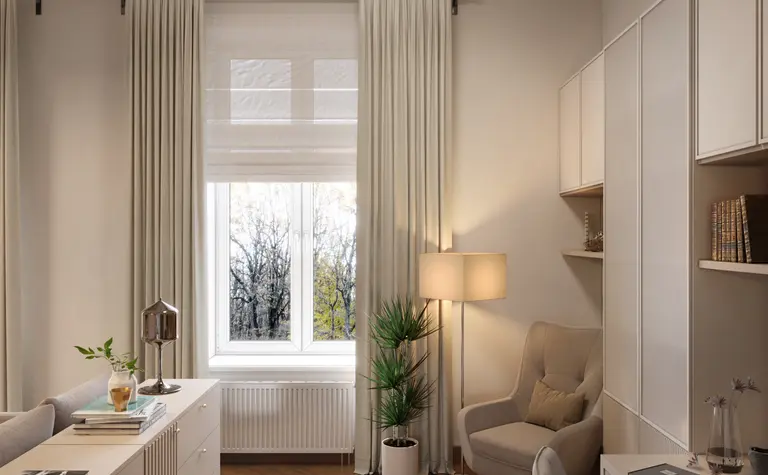 Nowoczesne wnętrze gabinetu w stylu art deco, glamour i soft minimalizm z drewnianą podłogą.