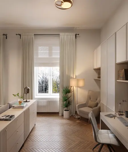 Nowoczesne wnętrze gabinetu w stylu art deco, glamour i soft minimalizm z drewnianą podłogą.