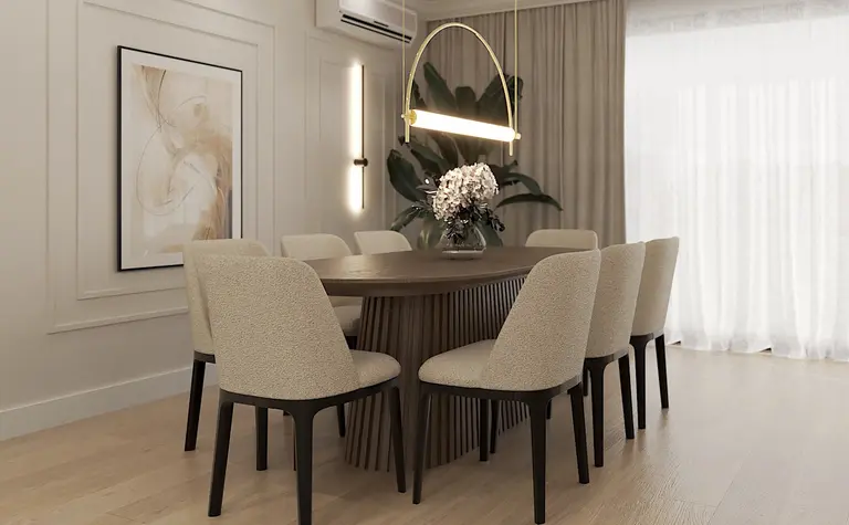 Jadalnia w stylu art deco, glamour i nowoczesnym z beżowym stołem i krzesłami.