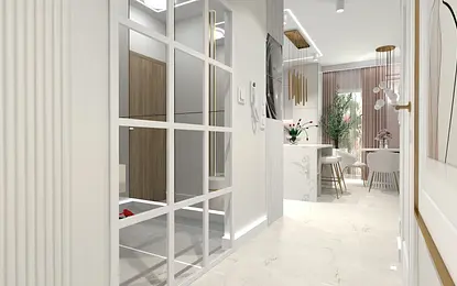 Nowoczesne wnętrze glamour z białymi meblami i drewnianymi dodatkami