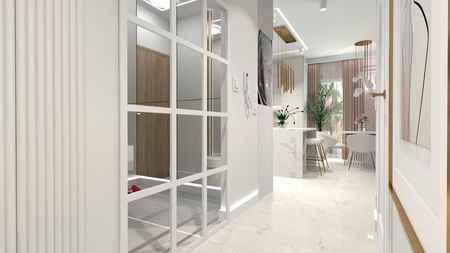 Nowoczesne wnętrze glamour z białymi meblami i drewnianymi dodatkami