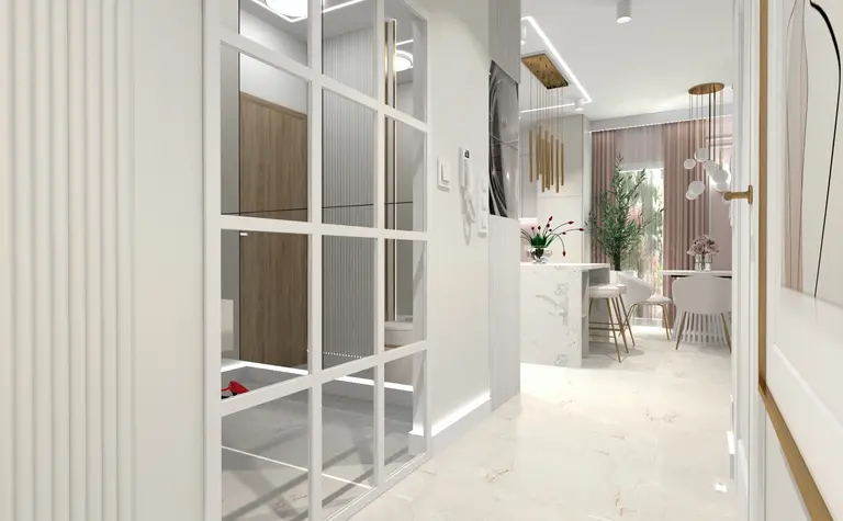 Nowoczesne wnętrze glamour z białymi meblami i drewnianymi dodatkami