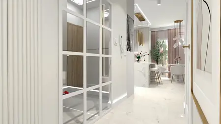 Nowoczesne wnętrze glamour z białymi meblami i drewnianymi dodatkami