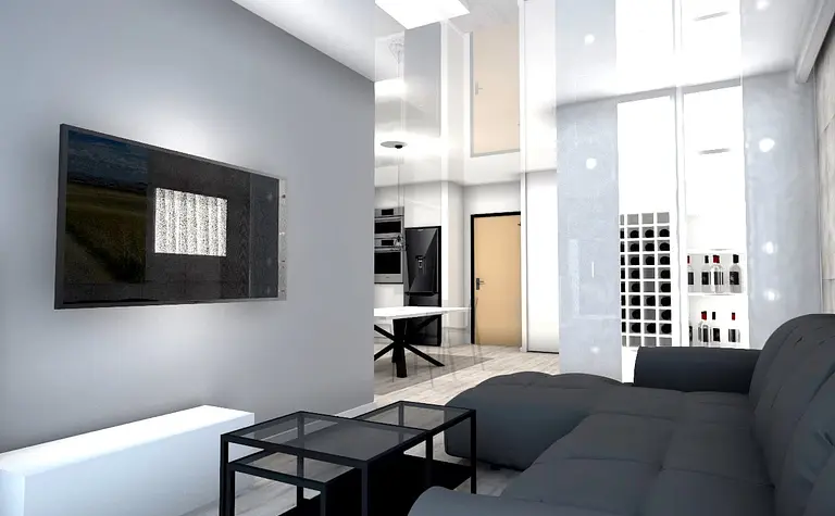 Wnętrze salonu w stylu industrialnym i minimalistycznym z szarymi meblami.