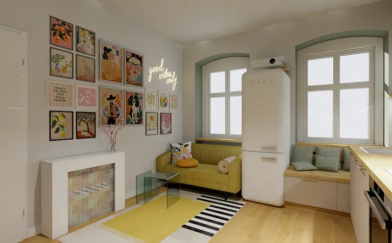 Wnętrze kuchni w stylu boho z zieloną sofą i kolorowymi obrazami.