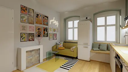 Wnętrze kuchni w stylu boho z zieloną sofą i kolorowymi obrazami.