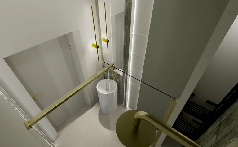 Nowoczesny przedpokój z białymi meblami, złotymi detalami i minimalistycznym oświetleniem.