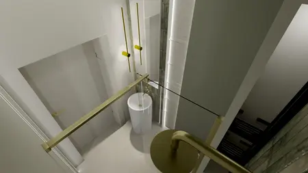 Nowoczesny przedpokój z białymi meblami, złotymi detalami i minimalistycznym oświetleniem.