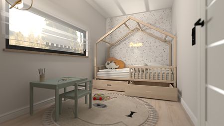 Pokój dziecięcy z łóżkiem w kształcie domku, minimalistyczny i nowoczesny wystrój wnętrza.
