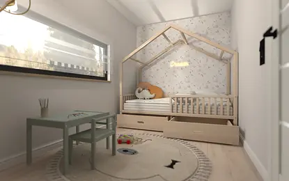 Pokój dziecięcy z łóżkiem w kształcie domku, minimalistyczny i nowoczesny wystrój wnętrza.