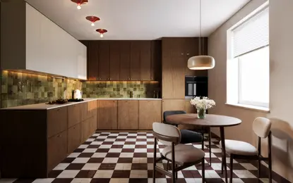 Wnętrze kuchni w stylu eklektycznym z vintage akcentami, drewniane meble i zielona płytka.