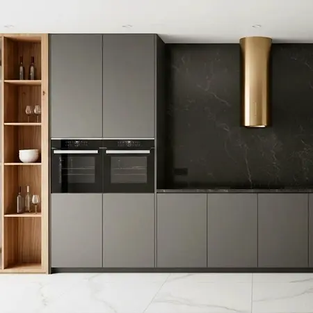 Nowoczesna kuchnia minimalistyczna z szarymi meblami i drewnianymi detalami.