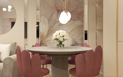 Jadalnia z różowymi krzesłami i okrągłym stołem w stylu glamour i nowoczesnym.