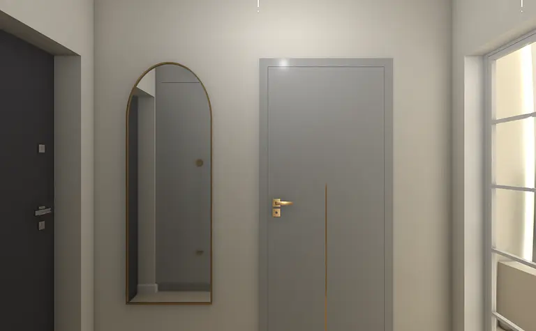 Przedpokój z szarymi drzwiami, lustrem i jasnymi ścianami, nowoczesny design