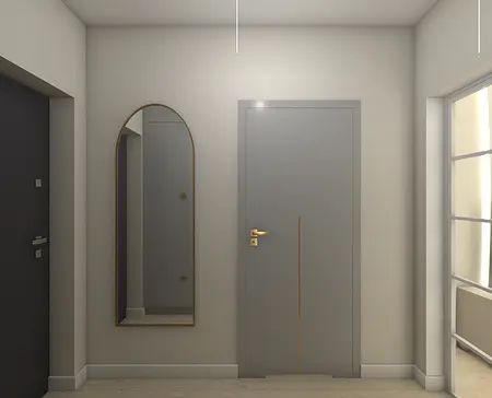 Przedpokój z szarymi drzwiami, lustrem i jasnymi ścianami, nowoczesny design