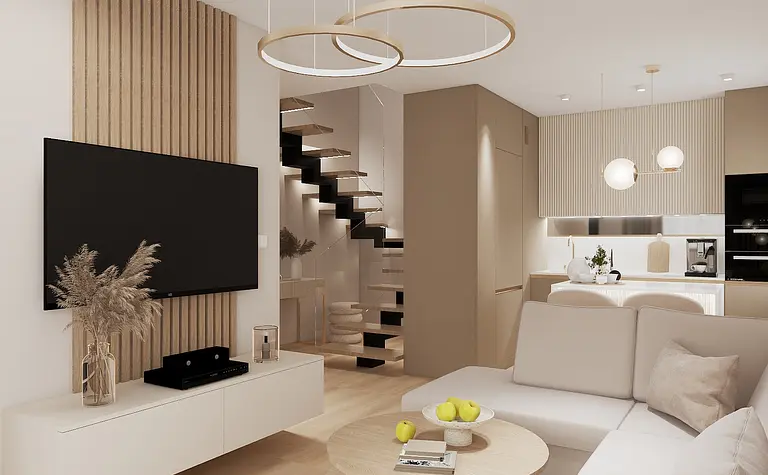 Wnętrze salonu z elementami glamour, japandi i nowoczesnymi akcentami.