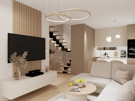 Wnętrze salonu z elementami glamour, japandi i nowoczesnymi akcentami.