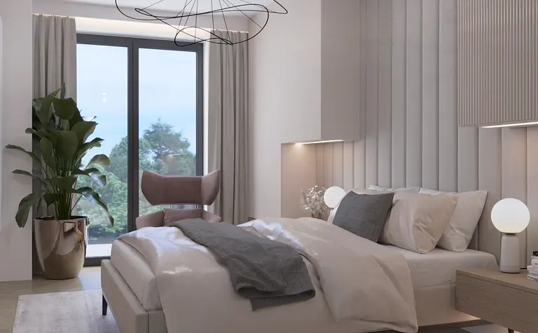Sypialnia z minimalistycznym wystrojem, art deco oraz nowoczesnymi elementami.
