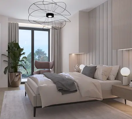 Sypialnia z minimalistycznym wystrojem, art deco oraz nowoczesnymi elementami.