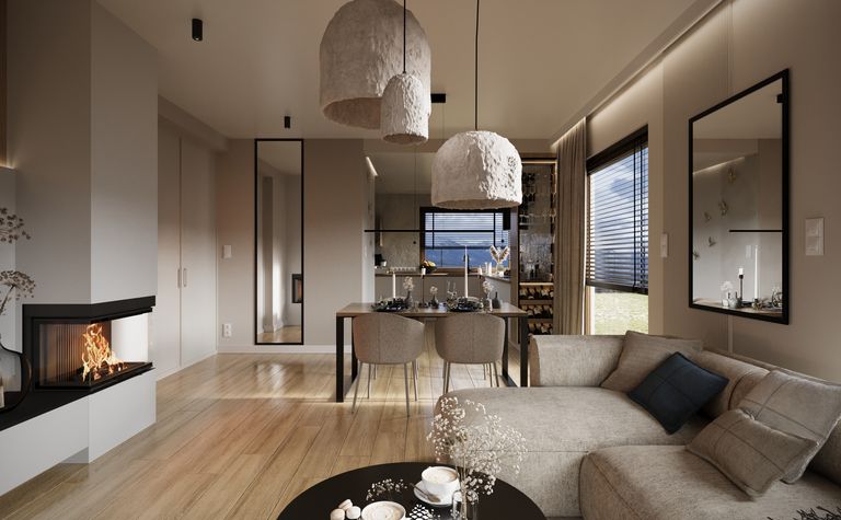 Salon w stylu japandi z kominkiem, jasnymi meblami i drewnem.
