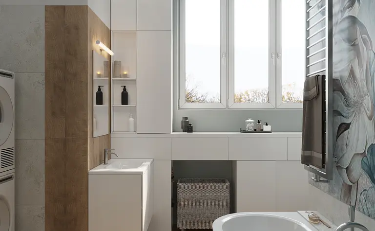 Wnętrze łazienki z elementami art deco, glamour, soft minimalizm i tradycyjnym wykończeniem.