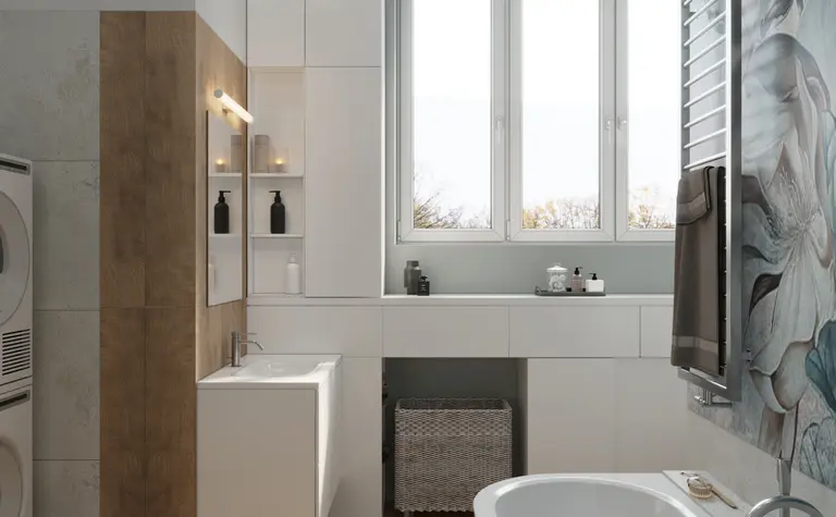 Wnętrze łazienki z elementami art deco, glamour, soft minimalizm i tradycyjnym wykończeniem.