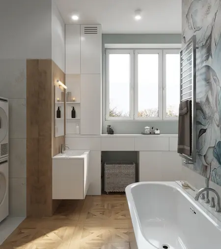 Wnętrze łazienki z elementami art deco, glamour, soft minimalizm i tradycyjnym wykończeniem.