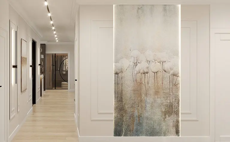 Przedpokój w stylu art deco, glamour i nowoczesnym z jasnymi ścianami i dekoracjami.