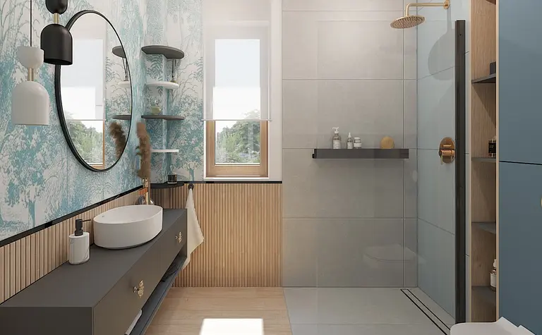 Wnętrze łazienki w stylu art deco z niebieskimi ścianami, minimalistycznym umeblowaniem i glamour detalami.