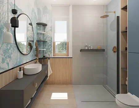 Wnętrze łazienki w stylu art deco z niebieskimi ścianami, minimalistycznym umeblowaniem i glamour detalami.