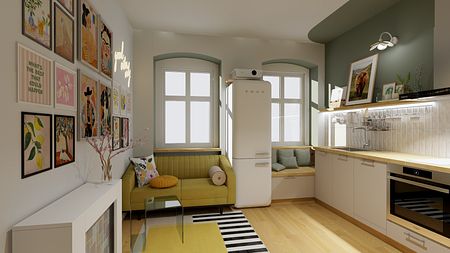 Wnętrze kuchni w stylu boho z zieloną sofą i vintage akcentami.