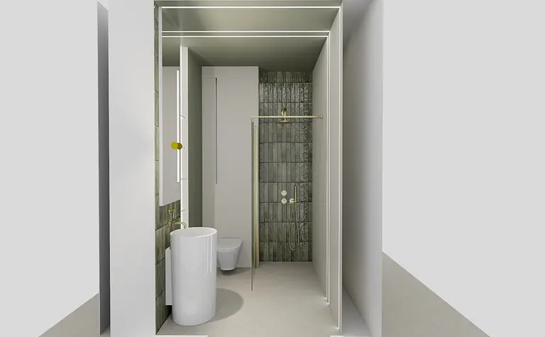Nowoczesna łazienka z białymi meblami i szarymi płytkami, styl boho i minimalizm.