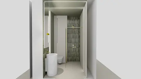 Nowoczesna łazienka z białymi meblami i szarymi płytkami, styl boho i minimalizm.