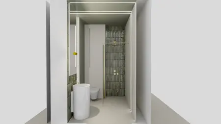 Nowoczesna łazienka z białymi meblami i szarymi płytkami, styl boho i minimalizm.