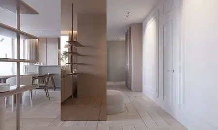 Wnętrze salonu w stylu industrialnym, minimalistycznym i współczesnym z szarym narożnikiem.