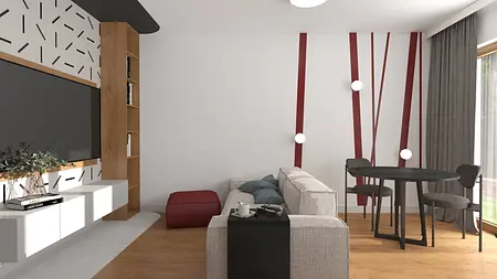 Wnętrze salonu z szarymi meblami i akcentami dopamine decor.