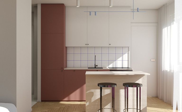 Kuchnia w stylu dopamine decor z drewnianym blatem i białymi meblami.