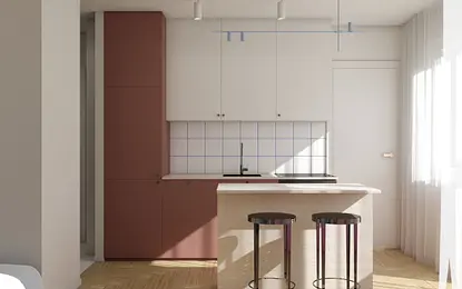 Kuchnia w stylu dopamine decor z drewnianym blatem i białymi meblami.