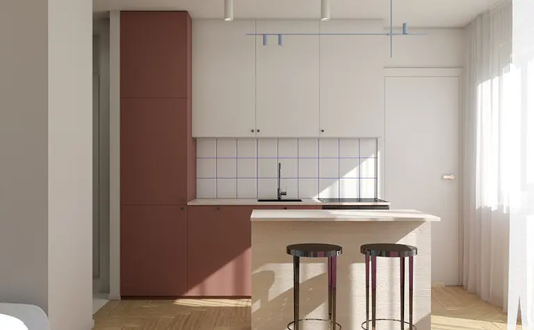 Kuchnia w stylu dopamine decor z drewnianym blatem i białymi meblami.