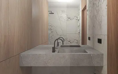 Wnętrze łazienki z drewnianymi meblami i marmurowymi wykończeniami, nowoczesny design