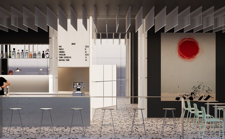 Wnętrze kawiarni z minimalistycznym barem i eklektycznymi krzesłami, nowoczesnym oświetleniem.