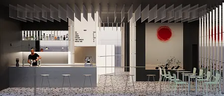 Wnętrze kawiarni z minimalistycznym barem i eklektycznymi krzesłami, nowoczesnym oświetleniem.