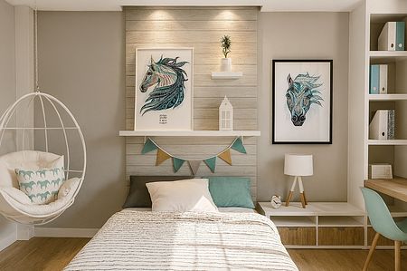 Wnętrze pokoju dziecięcego w stylu boho, minimalistycznym i skandynawskim z dekoracjami koni.