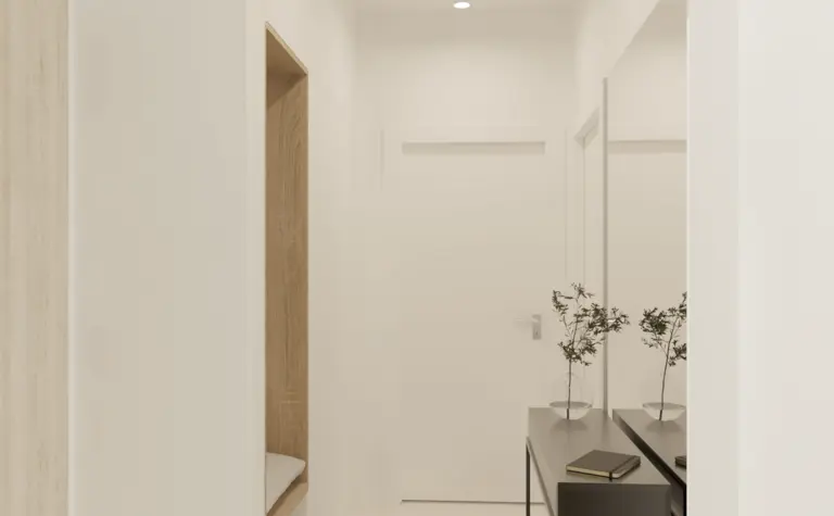 Przedpokój w stylu boho, japandi i minimalistycznym z drewnianymi akcentami.