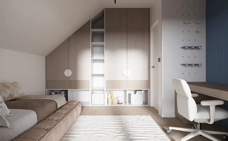 Wnętrze poddasza z minimalistyczną szafą i biurkiem