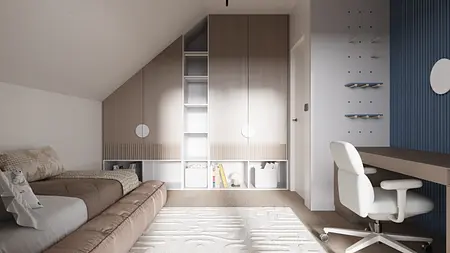 Wnętrze poddasza z minimalistyczną szafą i biurkiem