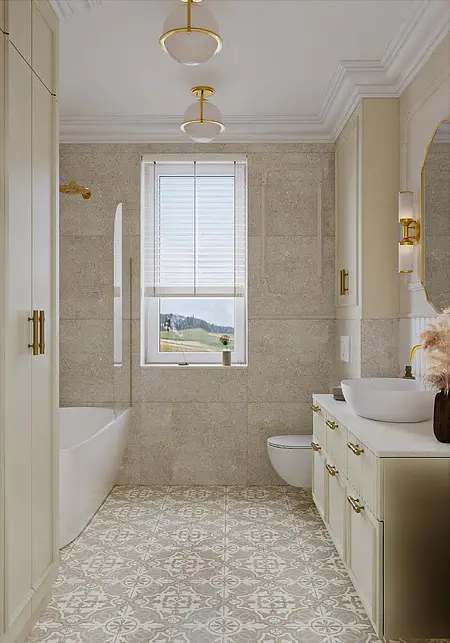 Wnętrze łazienki w stylu art deco i eklektycznym z wanną i eleganckimi akcentami.