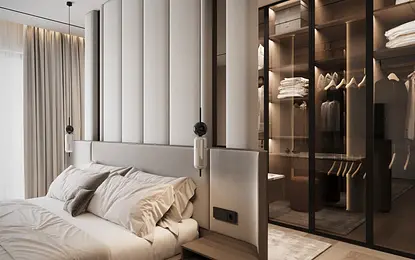 Wnętrze sypialni w stylu nowoczesnym z elementami quiet luxury i współczesnymi akcentami.
