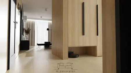 Wnętrze korytarza w stylu minimalistycznym i nowoczesnym z drewnianą zabudową.