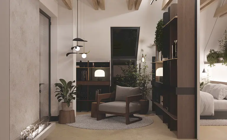 Nowoczesne wnętrze salonu w stylu japandi z roślinami i drewnem.